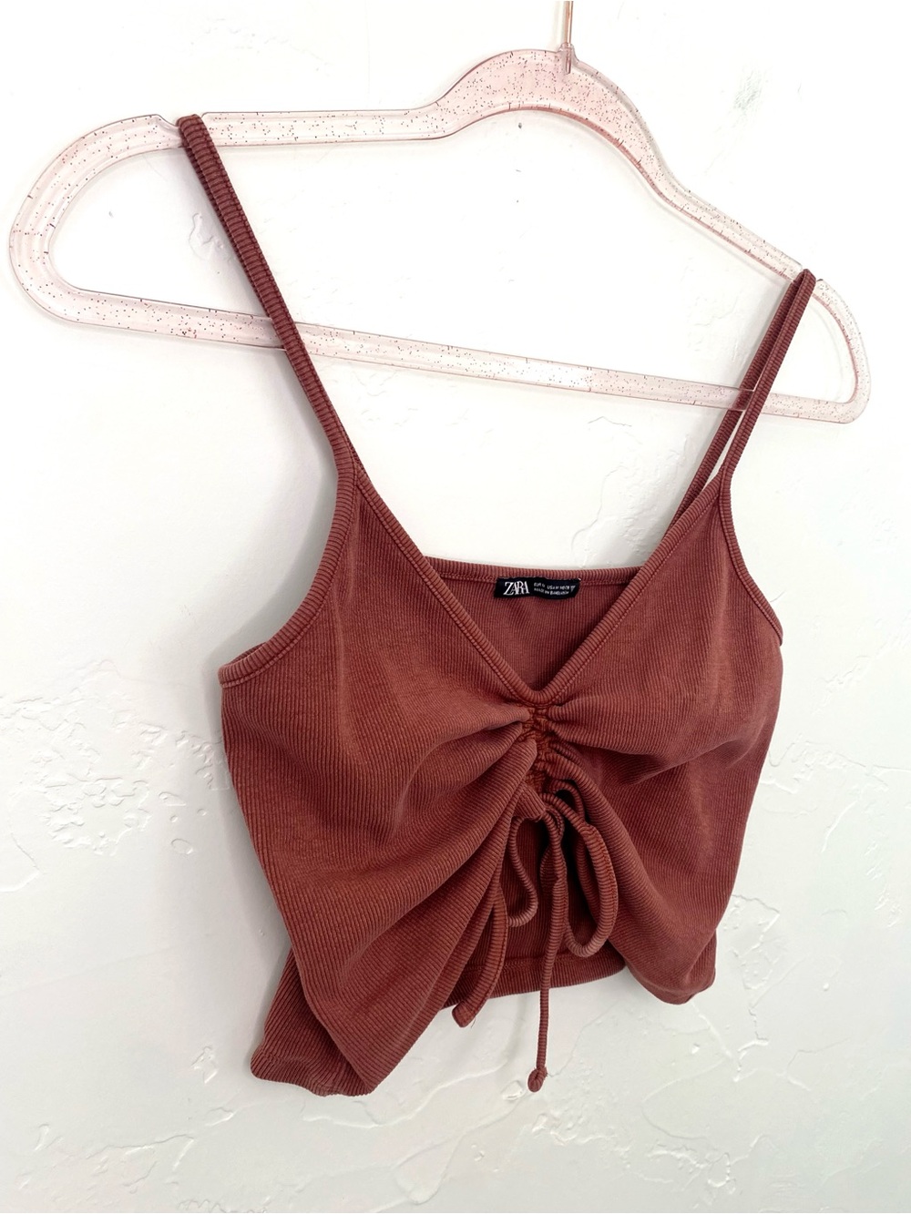 Zara Rust Ruched Ribbed Spaghetti Strap Crop Top - Picture 5 of 9